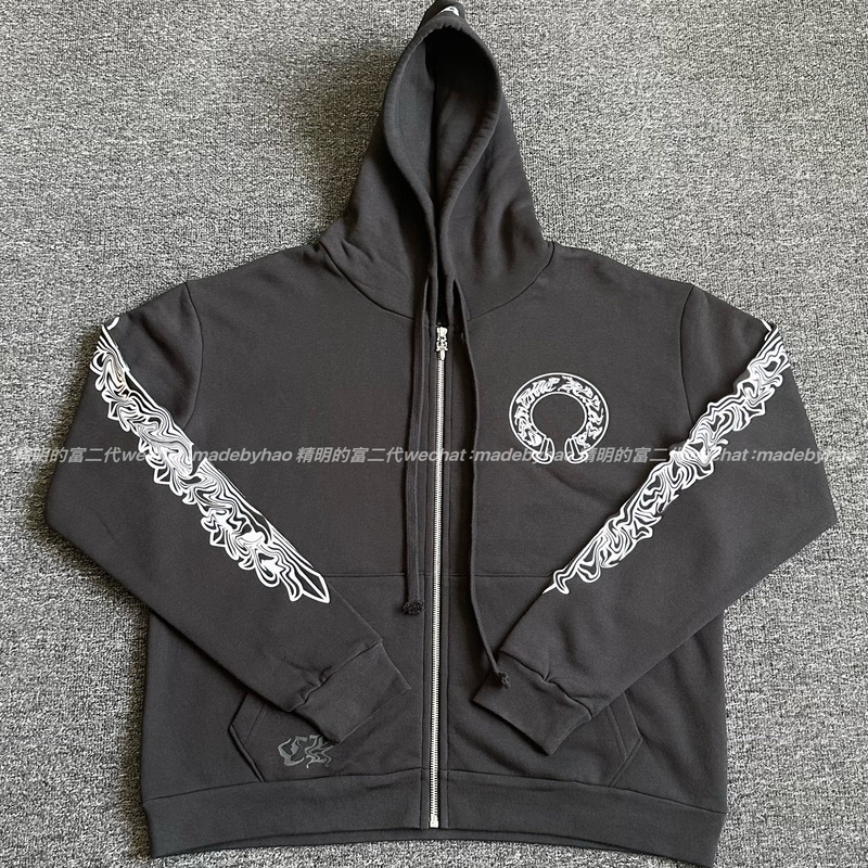 【Thick Silver Plating on the Ceiling】25Ss Sanskrit Swear Words and Horse Hoof Vine Print Hooded Zip-Up Jacket, Unisex