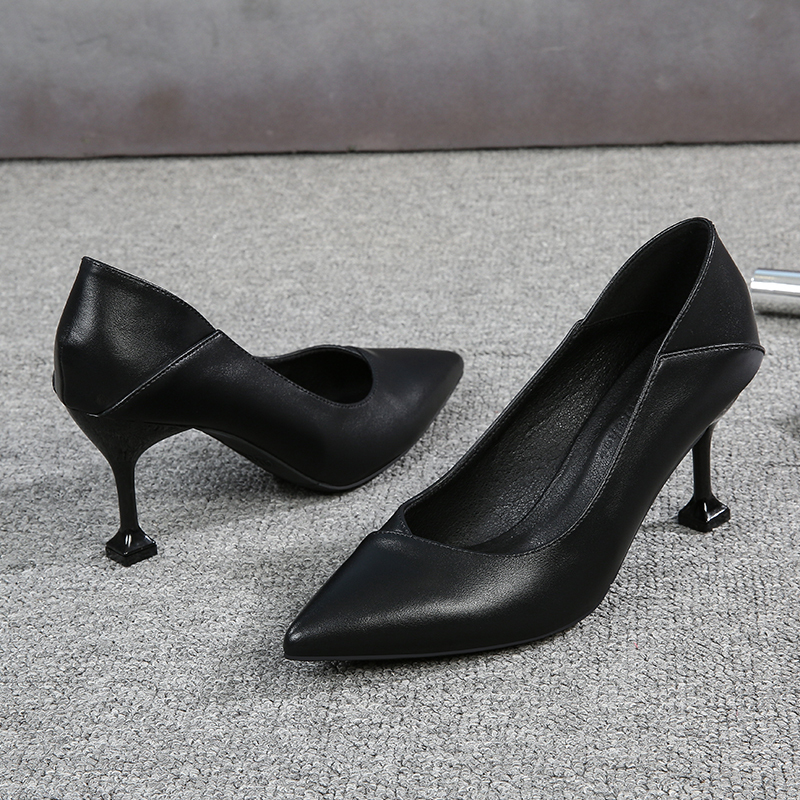 Black Leather Shoes, Women's Work Shoes, Professional Soft-Soled Etiquette Shoes, Mid-Heel Interview Work Shoes, Flats, Women's Pointed-Toe High-Heeled Shoes