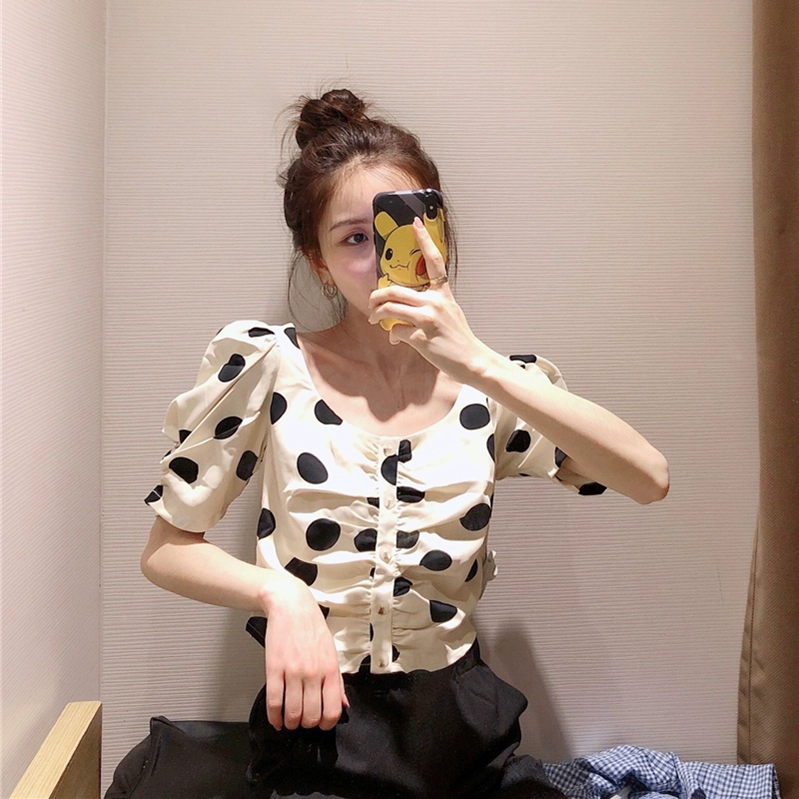 Mùa hè 2020 phụ nữ mới quần áo nút trang trí polka dot áo sơ mi chân cừu WE17S2CE2007 - Áo sơ mi dài tay