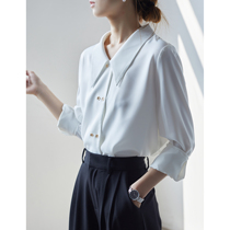 S AUTN French style career commuter satin white shirt woman design feeling small tip gold button coveted blouse