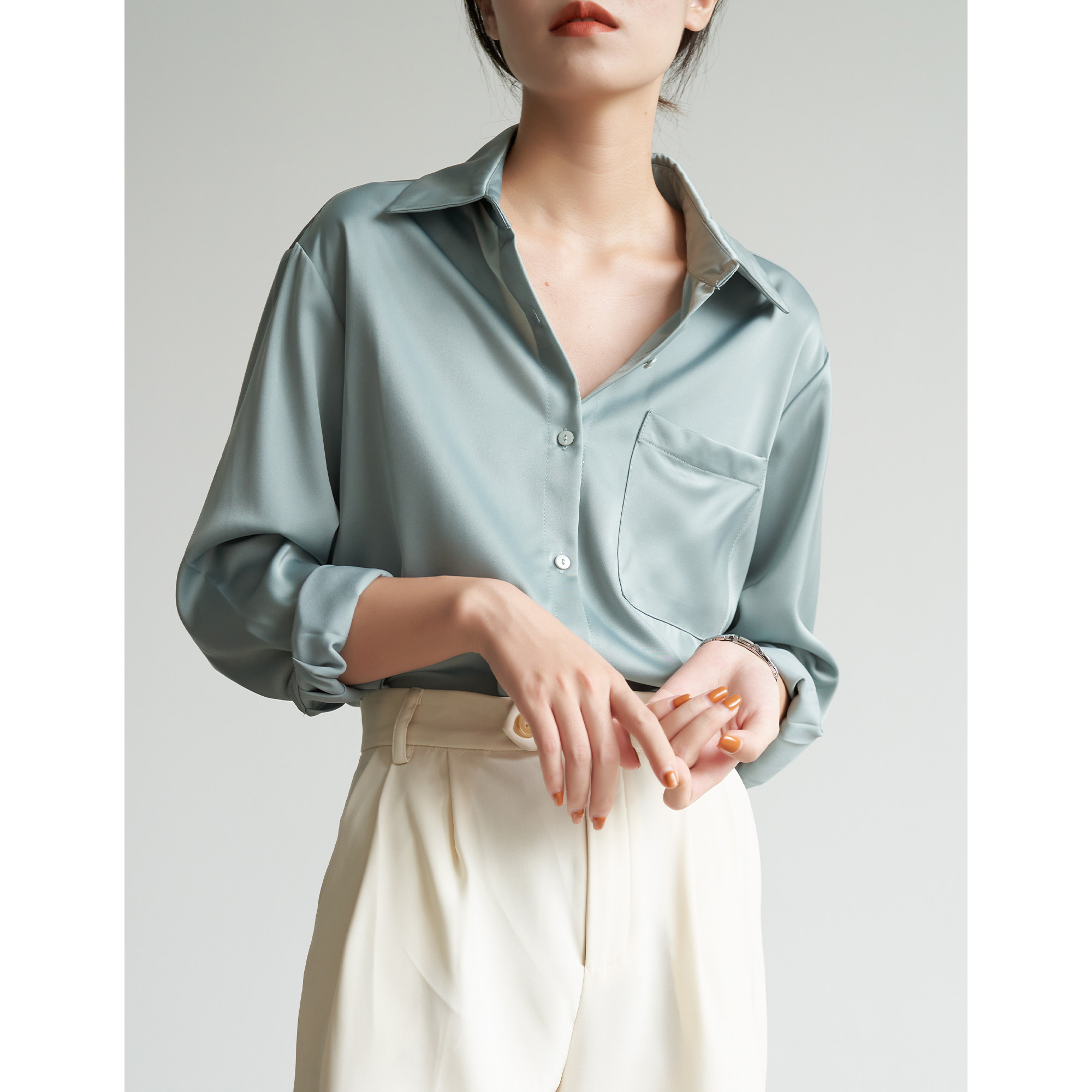 S AUTUMN green satin loose commuter shirt women's neutral cool wind retro niche drape shirt spring