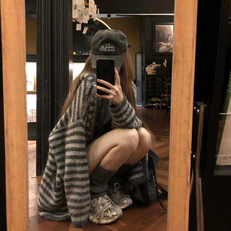 Anhuohuo Korean Style Lazy Soft and Cozy Color-Blocked Hooded Striped Knit Cardigan for Women, Spring and Autumn Niche Versatile Sweater Jacket