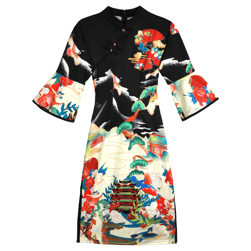 Long cheongsam, fashionable ethnic dress, mid-length, Chinese style, ethnic style Long cheongsam, fashionable ethnic dress, mid-length, Chinese style, ethnic style