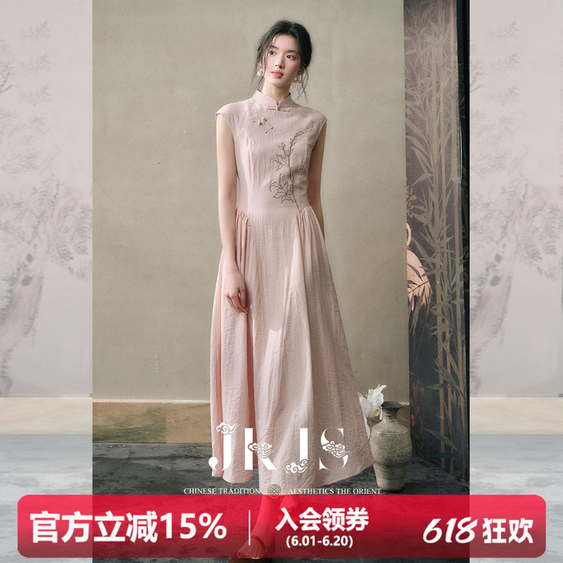 Jkjs【Yue Fu Qi】Rayon Linen Dress Modified Cheongsam New Chinese Style Long Dress with Button Closure for Women Summer
