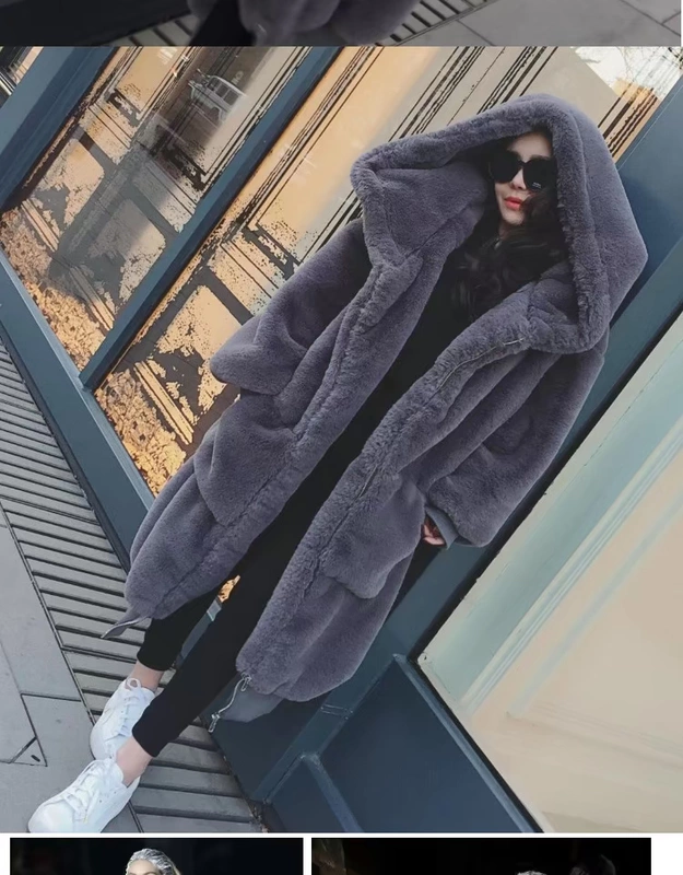 Gigi thu đông 2018 mới với cùng áo khoác lông thỏ giả dài trùm đầu áo khoác lửng nữ sang trọng