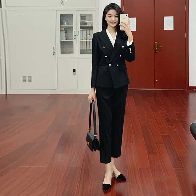 2022 spring new black boutique double-row buttoned suit suit Career commuter Western-style smoke pipe pants Two sets of women