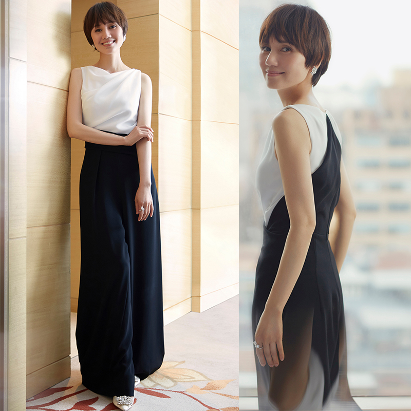Summer new Yuan Quan same style black and white contrast color professional jumpsuit women's temperament fashion waist loose wide-leg pants women