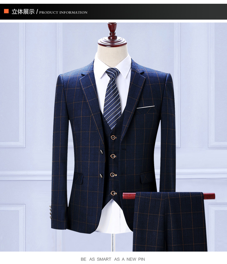 Bộ vest nam ba mảnh phù hợp với Hàn Quốc Slim England bình thường chú rể váy cưới kẻ sọc phù hợp với nam nhỏ áo vest nam đẹp