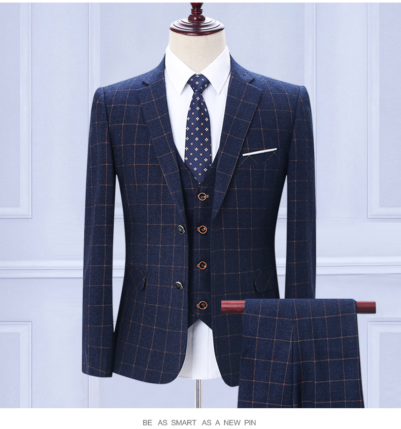Bộ vest nam ba mảnh phù hợp với Hàn Quốc Slim England bình thường chú rể váy cưới kẻ sọc phù hợp với nam nhỏ áo vest nam đẹp