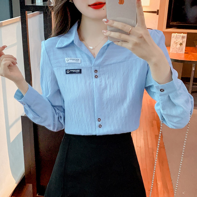 Fashionable all-match cotton and linen shirt shirt 2023 spring and autumn new lapel women's long-sleeved foreign style solid color chiffon shirt