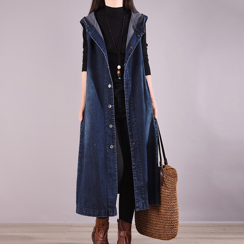 Spring and Autumn New Korean Style Sleeveless Denim Vest Jacket for Women, Loose Single-Breasted Long Over-The-Knee Hooded Vest Outerwear