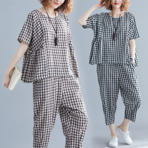 Fat mm Plaid size linen set 2021 summer New loose top wide leg pants cotton linen fashion two-piece set