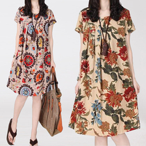 2021 summer new vintage cotton print dress large size loose long short sleeve literary floral skirt women