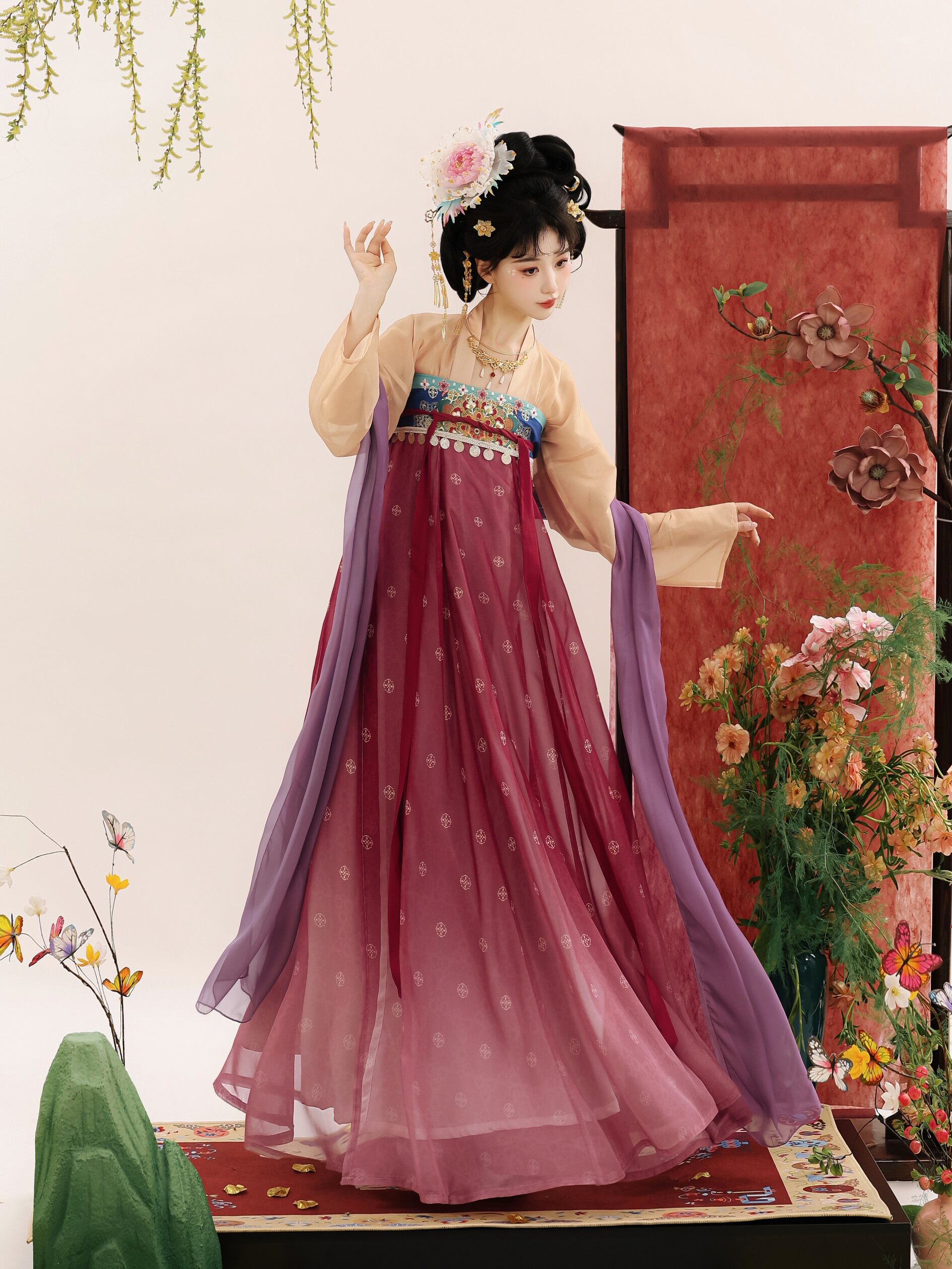 Китайцы одежда наборы 风来榕下原创繁花夜宴唐制汉服女复原齐胸破裙对襟上衣大袖衫刺绣