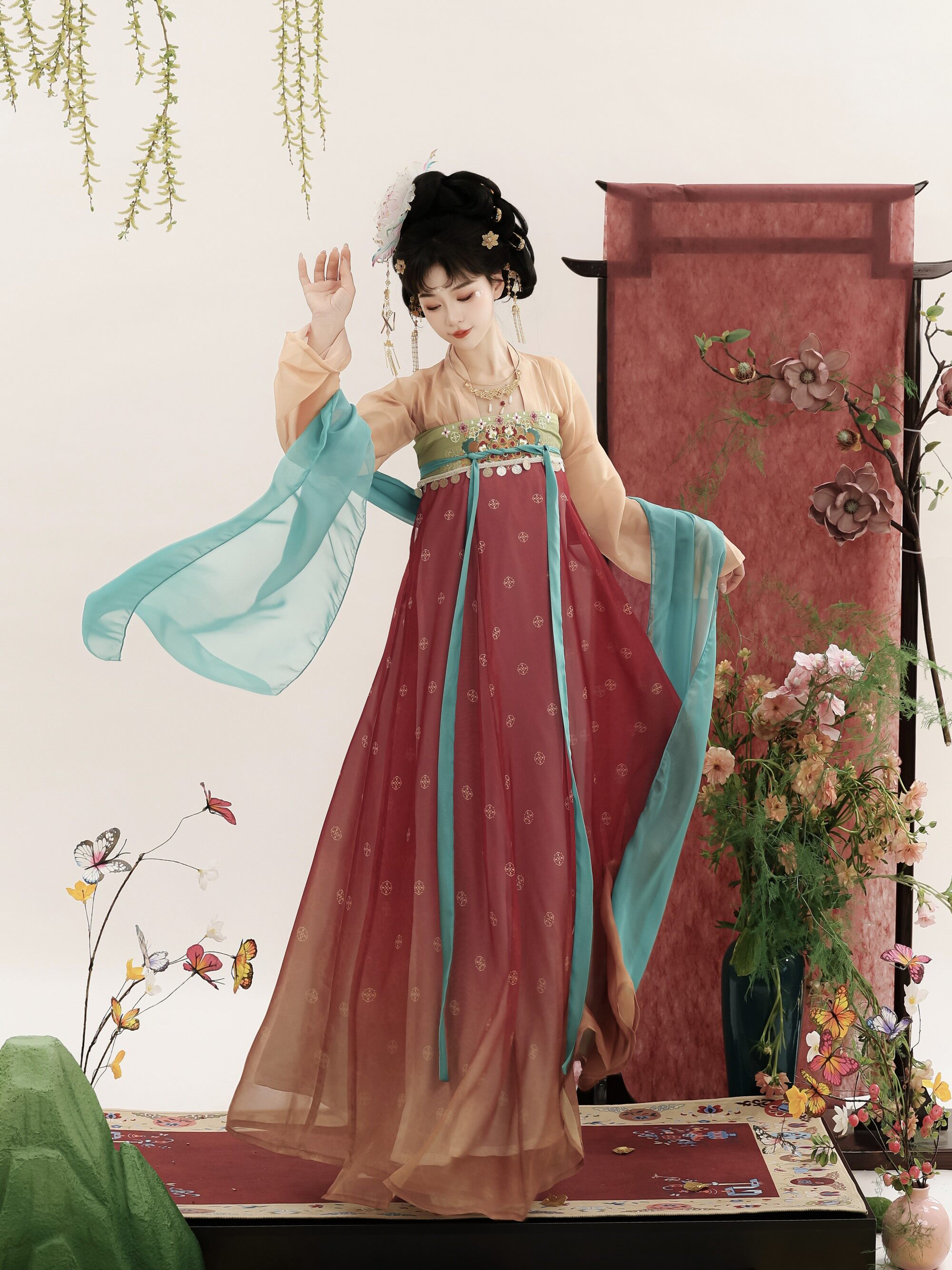 Китайцы одежда наборы 风来榕下原创繁花夜宴唐制汉服女复原齐胸破裙对襟上衣大袖衫刺绣