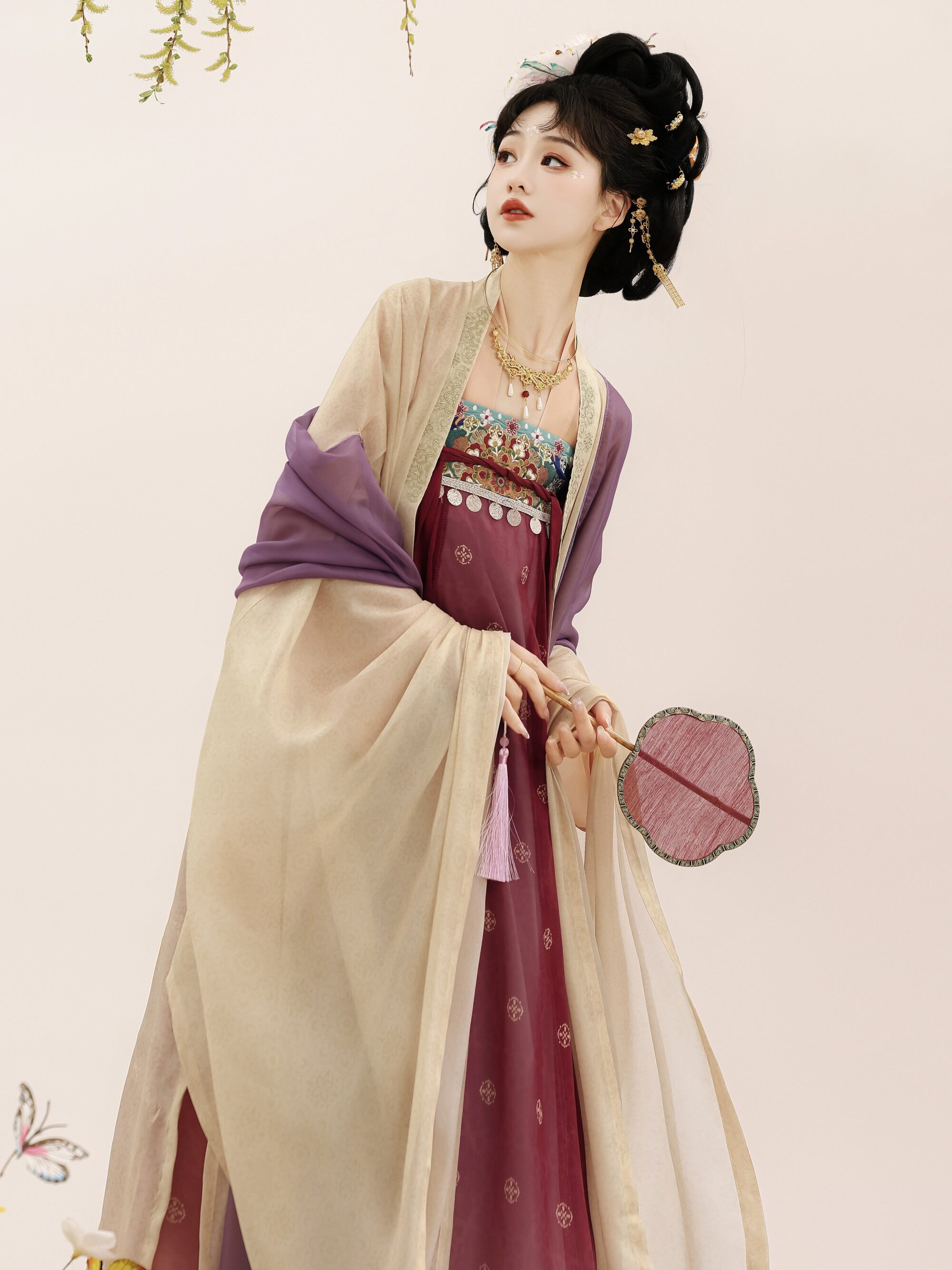 Китайцы одежда наборы 风来榕下原创繁花夜宴唐制汉服女复原齐胸破裙对襟上衣大袖衫刺绣