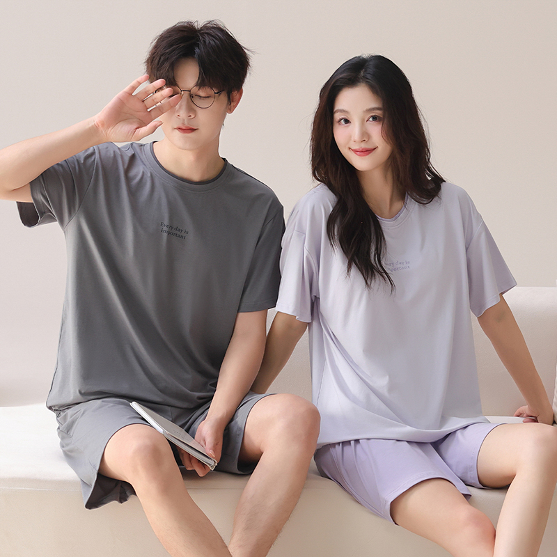 Couple's Pajamas for Women, Summer Lyocell Short-Sleeved Solid Color Tencel Cotton, Thin Style with Chest Pads, Loungewear Set for Men and Women