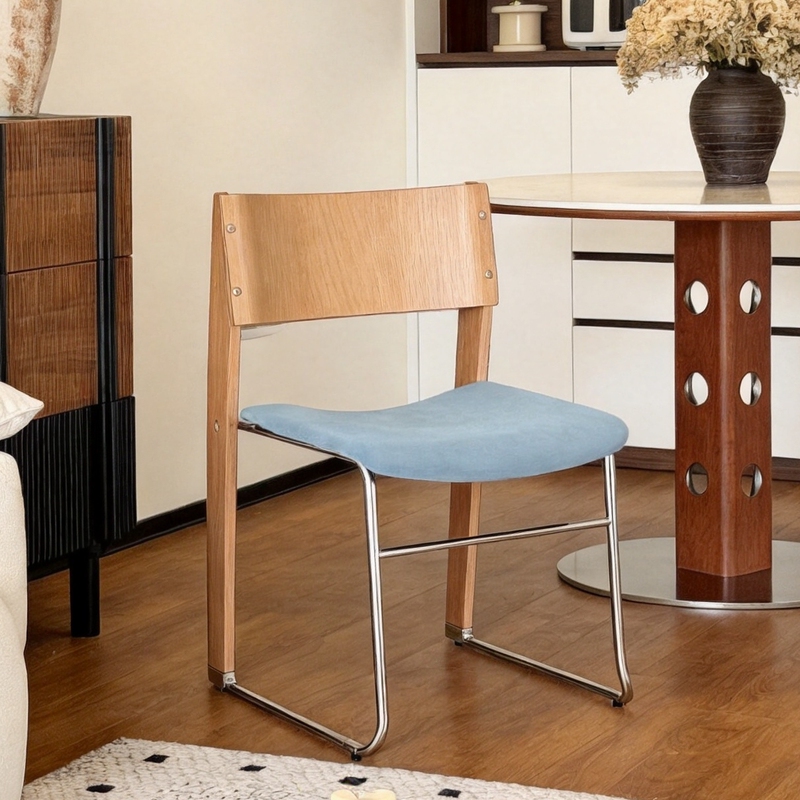 Bauhaus Dining Chair, Vintage Chair for Home Use, Solid Wood Backrest, Blue, Light Luxury, High-End Feel, Retro Style, Island Table Dining Chair