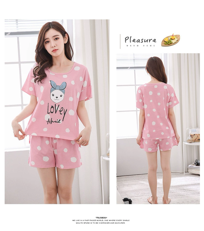 Đồ ngủ mùa hè nữ quần short mùa hè ngắn tay phù hợp với phiên bản Hàn Quốc của bộ phim hoạt hình cotton dễ thương lỏng lẻo hai mảnh - Bộ Pajama pijama lụa