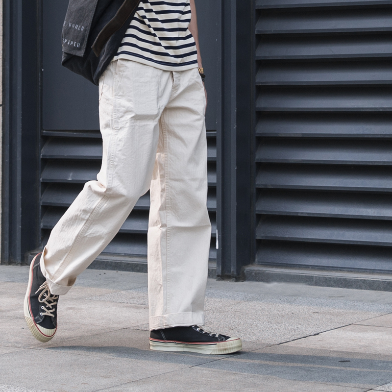 Bad Dog Bronson Original Fabric Usn Herringbone Deck Pants Men's Retro Off-White Hbt Straight-Leg Work Pants