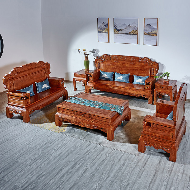 National Standard Red Wooden Hedgehog Purple Sandalwood China Dream Sofa Chinese Minqing Classical Living Room Combined Flowers Pear Wood Solid Wood Furniture