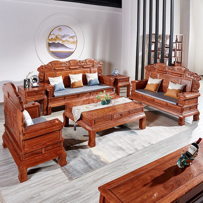 Neoclassical Living Room Red Wood Sofa Composition Pure Solid Wood Large Terrace Number Of Hedgehog Purple Sandalwood Large Sofa Manufacturer Direct
