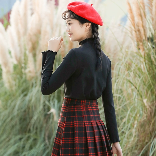 Демисезонный базовый приятный телу пуховик для школьников, бархатный лонгслив, высокий воротник, облегающий крой, для средней школы, по фигуре