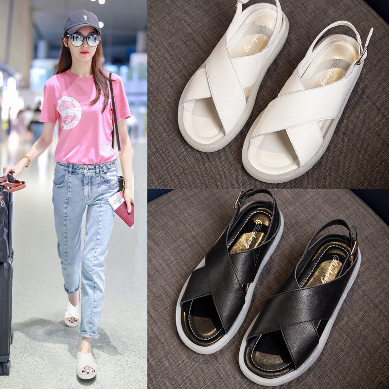 Leather sandals women's summer 2021 new comfortable flat-bottomed open-toe sandals and slippers women's outer wear fairy style sandals large size