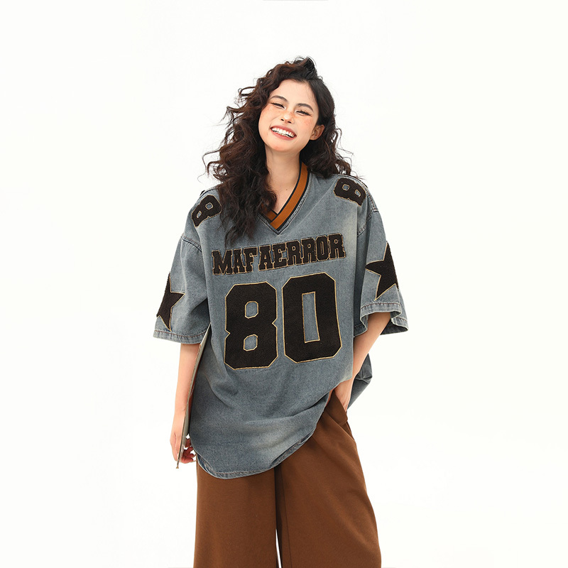 Wild Azi American Street Style Washed Heavy Denim Short-Sleeve T-Shirt for Women with Embroidered Letters, Trendy Brand, High-End Feel Top Wild Azi American Street Style Washed Heavy Denim Short-Sleeve T-Shirt for Women with Embroidered Letters, Trendy Brand, High-End Feel Top