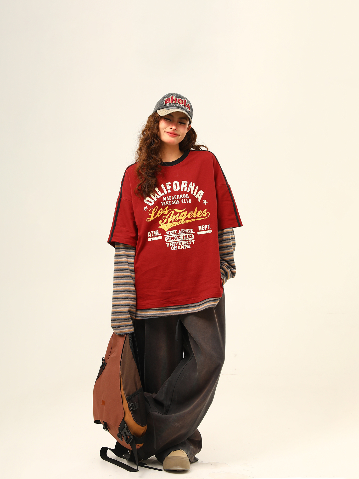 Wild Azi American Style Patchwork Color-Block Lässiger, lockerer Druck Zweiteiliges Langarm-T-Shirt mit Rundhalsausschnitt für Damen_voghion.com