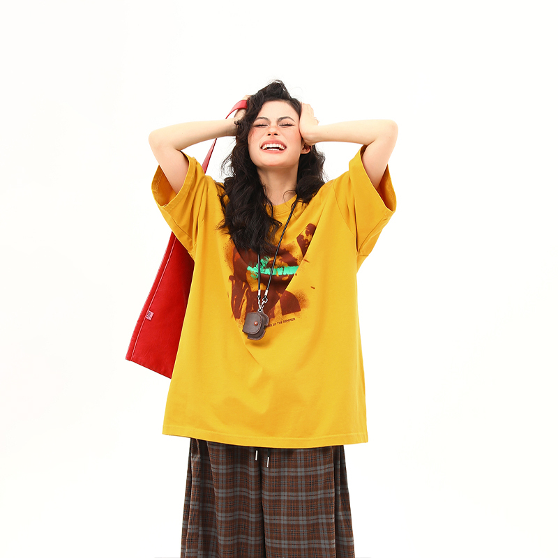 Wild Azi 2026 Summer New Vintage Ginger Yellow Printed Short-Sleeve T-Shirt for Women Trendy Loose Couple T-Shirt