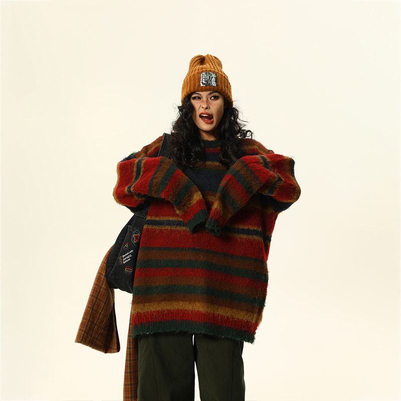 Wild Azi New Christmas Sweater for Women, Autumn and Winter American Retro Color-Block Striped Lazy Style Loose Knit Sweater