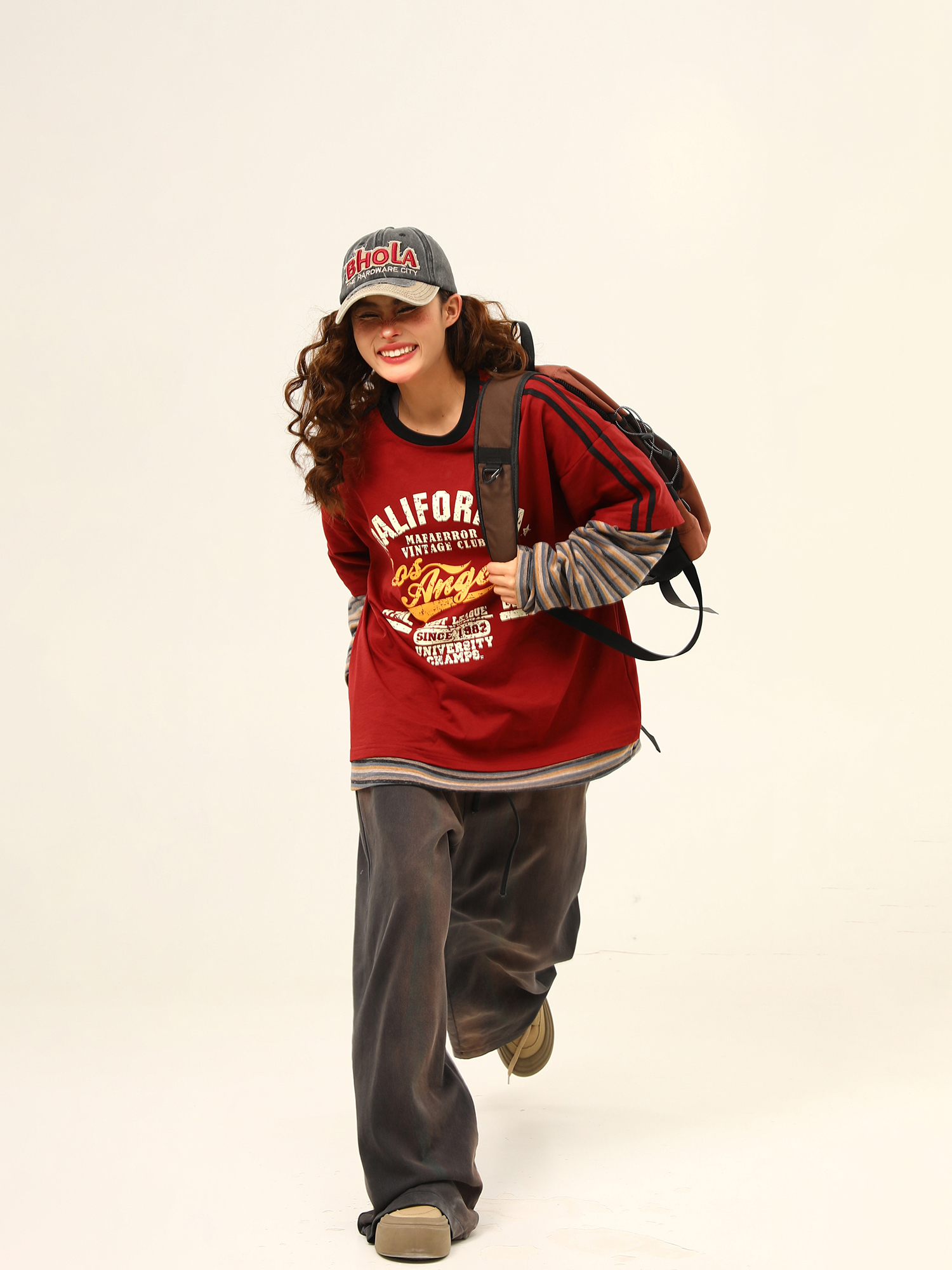 Wild Azi American Style Patchwork Color-Block Lässiger, lockerer Druck Zweiteiliges Langarm-T-Shirt mit Rundhalsausschnitt für Damen_voghion.com