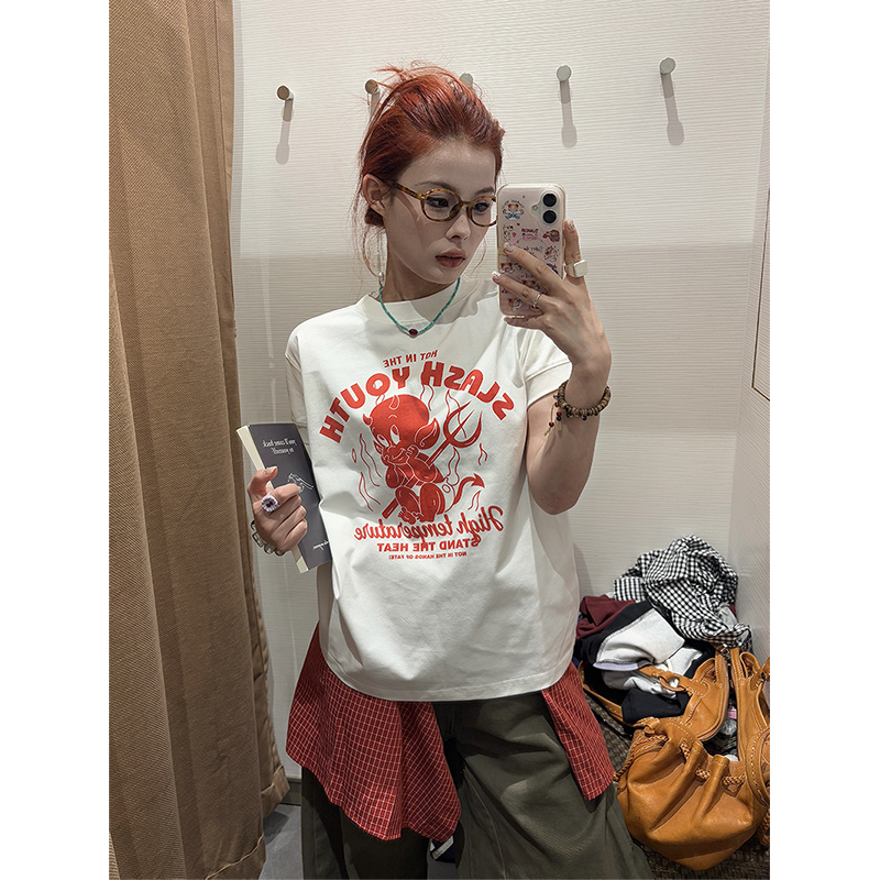 Wild Azi American Retro Little Devil Print Short-Sleeve T-Shirt for Women, Summer Slimming Loose Versatile Top