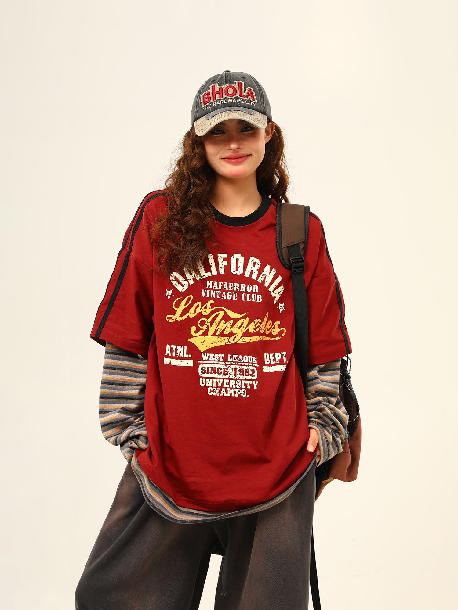 Wild Azi American Style Patchwork Color-Block Lässiger, lockerer Druck Zweiteiliges Langarm-T-Shirt mit Rundhalsausschnitt für Damen_voghion.com