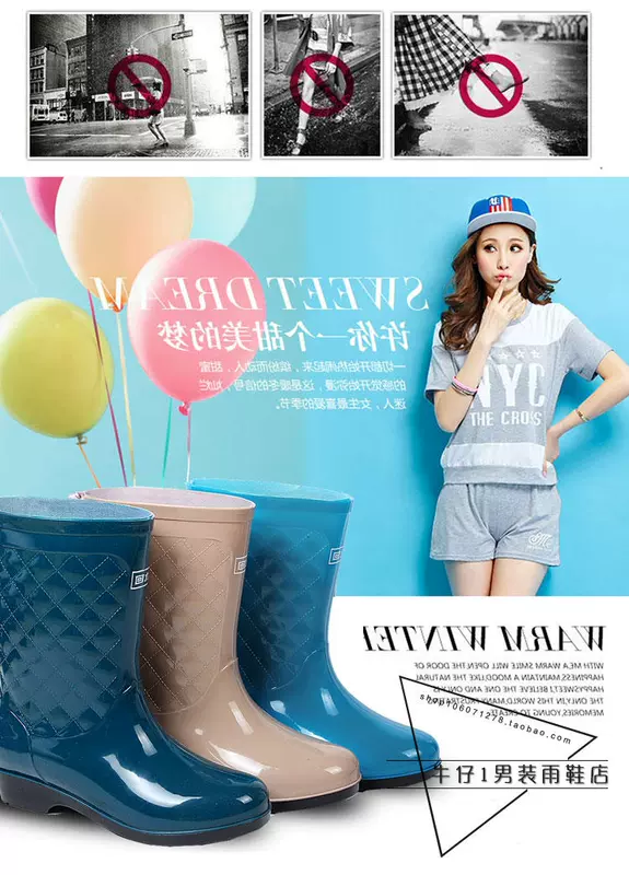Kéo lại giày đi mưa cho nữ ống thời trang mùa thu cộng với bộ giày cao su nhung Giày chống trượt dành cho người lớn Giày đi mưa cho người Hàn Quốc