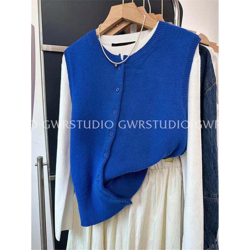 Layered Sleeveless Knitted Cardigan Vest for Women, Early Autumn 2026 New Style Sweater in Klein Blue