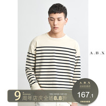 Autumn new heavy cotton black and white stripes long sleeve T-shirt mens round neck loose men Korean trend base shirt