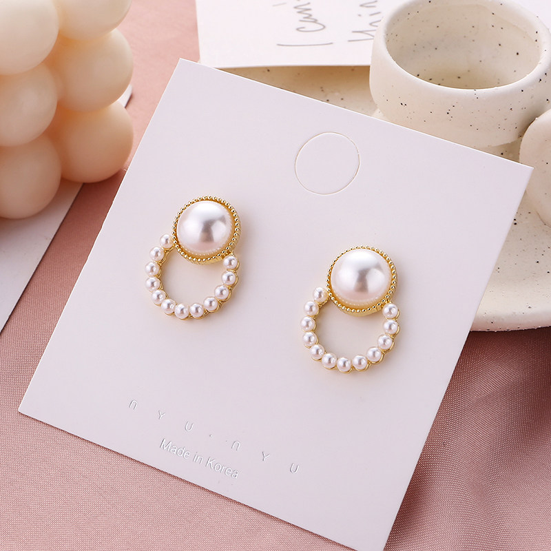 Pearl Geometric Circles Fashion Earrings Korea Temperament Net Red Advanced Sensational Ear Clip without earbuds
