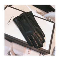 New Leather Gloves Ladies autumn and winter cute bow plus velvet thick warm repair hand riding driving thin touch screen