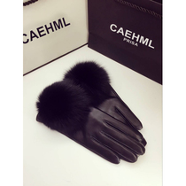 Leather gloves female winter Korean version of cute fox fur plus velvet thickened warm and windproof waterproof touch screen outdoor riding students