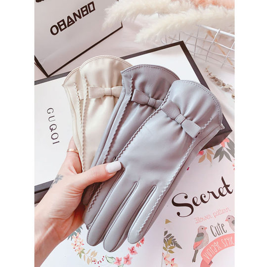 Sheepskin Gloves for Women, Winter Touchscreen Gloves, Autumn and Winter Korean Style, Cute Bowknot, Fleece-Lined, Warm, Cold-Proof, Driving, Motorcycle, Genuine Leather