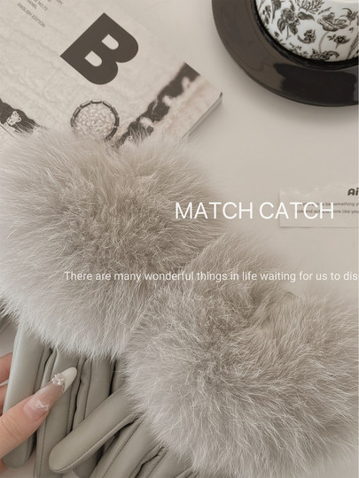 Genuine Leather Gloves for Women, Autumn and Winter, Thin Sheepskin, Touchscreen-Compatible, Fox Fur, Fleece-Lined, Warm, Windproof, Cold-Resistant, Short Style, for Driving and Cycling