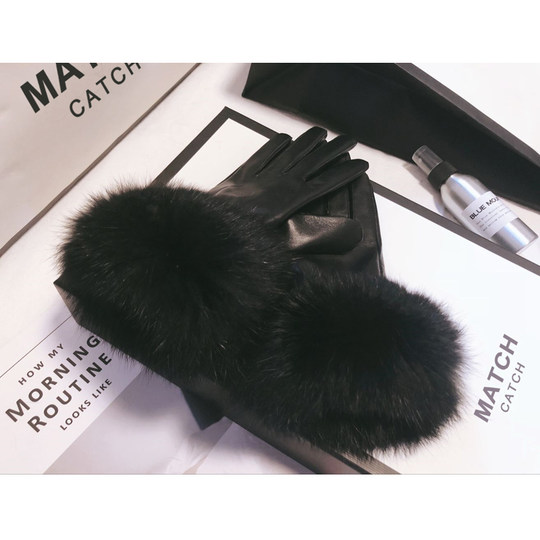 New Style Genuine Leather Gloves for Women, Winter Rabbit Fur, Cute, Fleece-Lined, Thickened, Warm, Suitable for Driving, Touchscreen, and Cycling