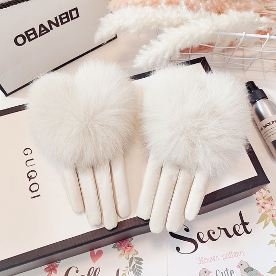 Genuine Leather Gloves for Women, Autumn and Winter, Sheepskin, Fleece-Lined, Thickened, Cold-Proof, Warm, Fox Fur, Touchscreen, Driving, Thin Style, Cycling, Short Style