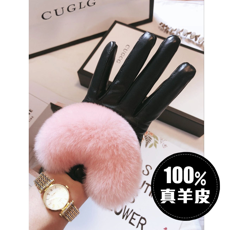 Leather gloves women's autumn and winter new cute Rex rabbit fur plus velvet thickened warm driving and riding touch screen sheepskin