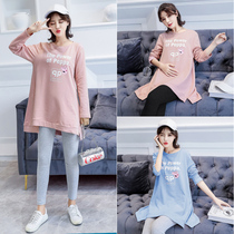 Pregnant women wear spring clothing plus loose plus loose a long sleeve cotton T - shirt with two sets of 200 pounds