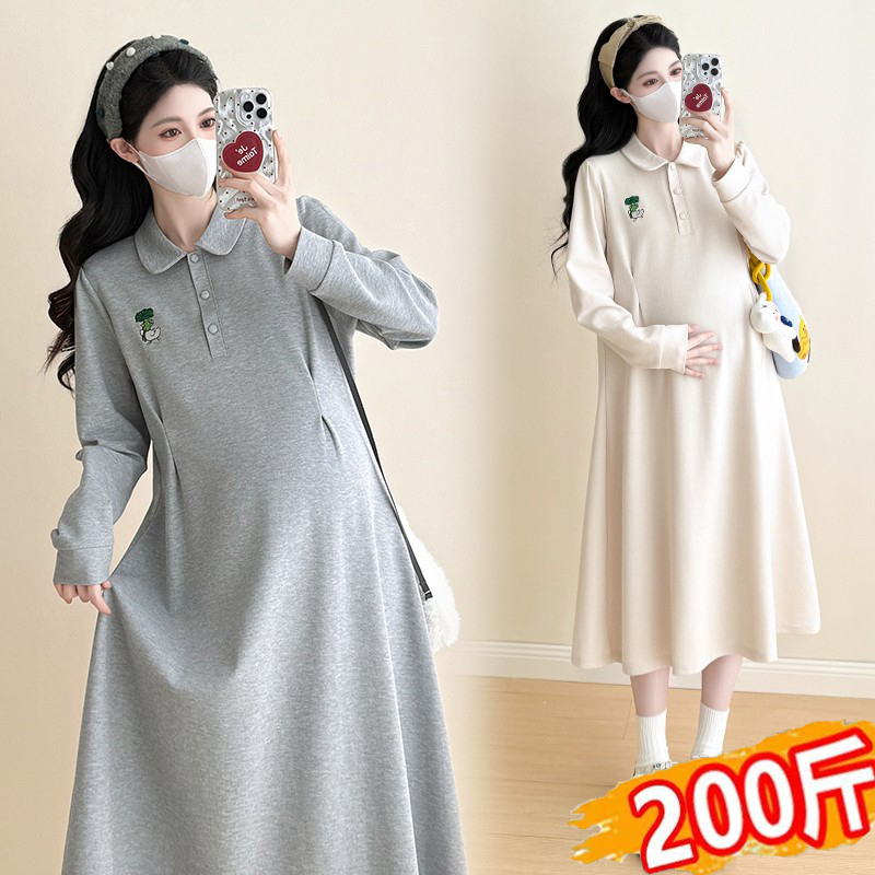 Plus-Size Maternity Dress Autumn and Winter 2025 New Fashionable Polo Collar Belly-Covering Pregnancy Spring and Autumn Dress 100kg