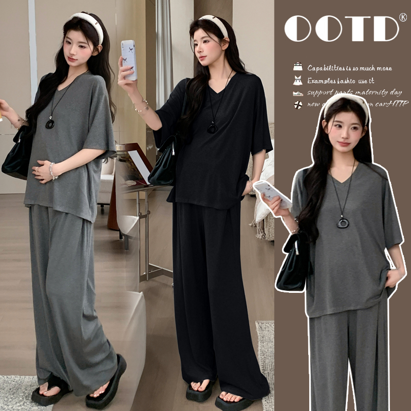 Plus-Size Maternity Set Summer V-Neck Short-Sleeve Top Wide-Leg Pants Korean Style Loose Two-Piece Outfit for Pregnancy 100kg Plus-Size Maternity Set Summer V-Neck Short-Sleeve Top Wide-Leg Pants Korean Style Loose Two-Piece Outfit for Pregnancy 100kg