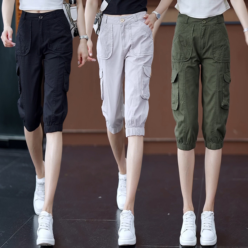 Summer Popular Women's Cargo Pants, Thin, Multi-Pocket, High-Waisted, Loose, Straight-Leg, Cropped Pants, Plus Size, Slimming, Jogger Pants